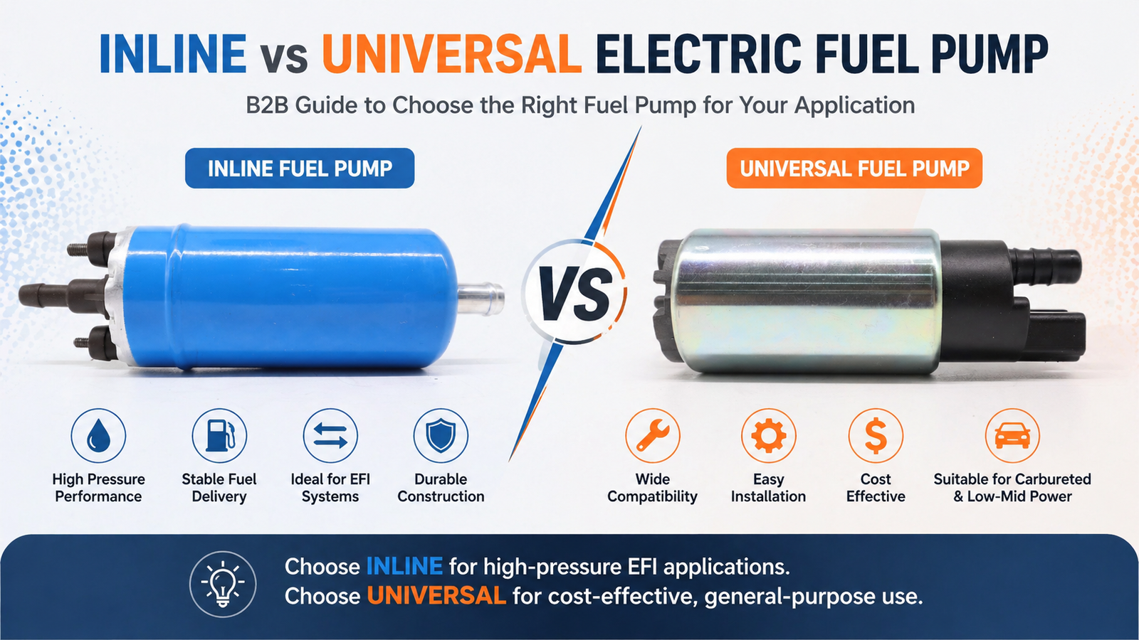 Inline vs universal electric fuel pump B2B guide comparison for EFI and carbureted systems
